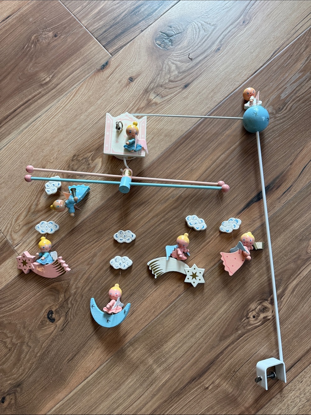 Vintage Irmi  Handpainted Pink & Blue Wooden Angel Musical Mobile - Works!
